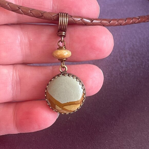 Braided Leather Necklace, Picture Jasper Pendant, Womens Mens Layering Necklace - Picture 3 of 6